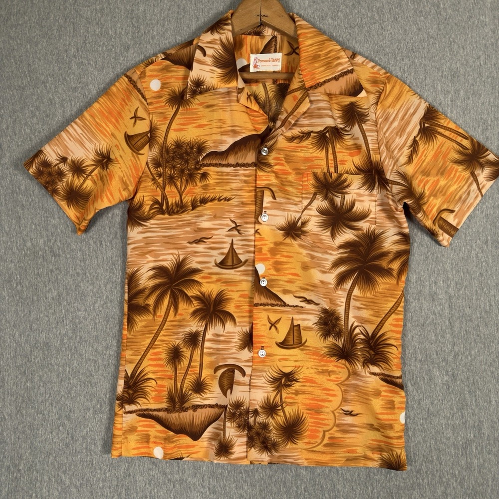 Vintage Hawaiian Shirt Pomare Tahiti Orange Tiki Hut Palm Tree Floral Print Surf